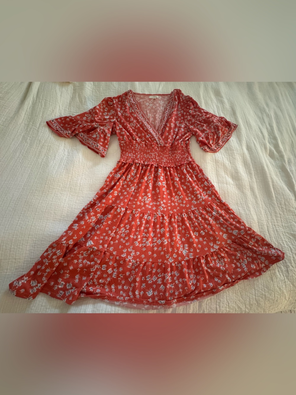Max Studio Orange Floral Smocked Waist Tiered Midi Dress Size Medium